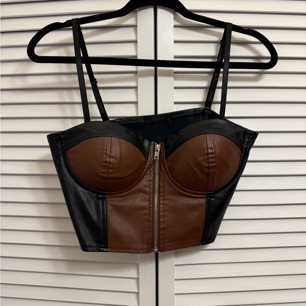 Brown and Black Faux Leather Corset Top